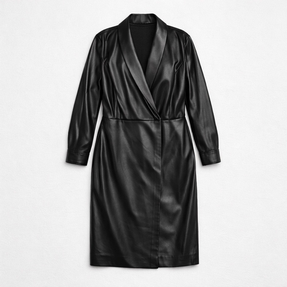 Eloquii Faux Leather Wrap Midi Dress Black Long‎ Sleeve Plus Size 26